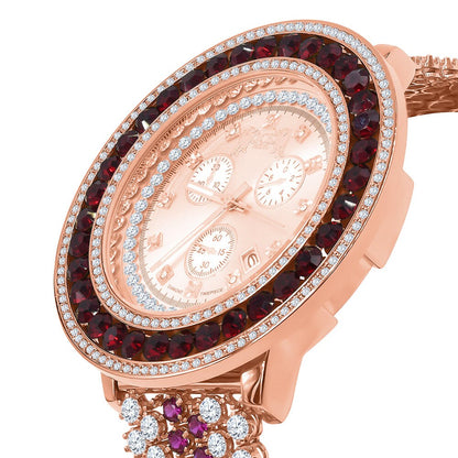 Fully Iced Out Solitaire Real Diamond Dial Ruby Red Stainless Steel Back Mens Rose Gold Watch W/Date Function