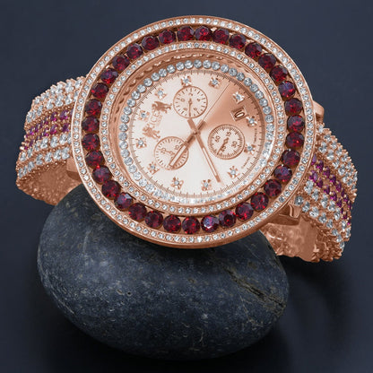 Fully Iced Out Solitaire Real Diamond Dial Ruby Red Stainless Steel Back Mens Rose Gold Watch W/Date Function