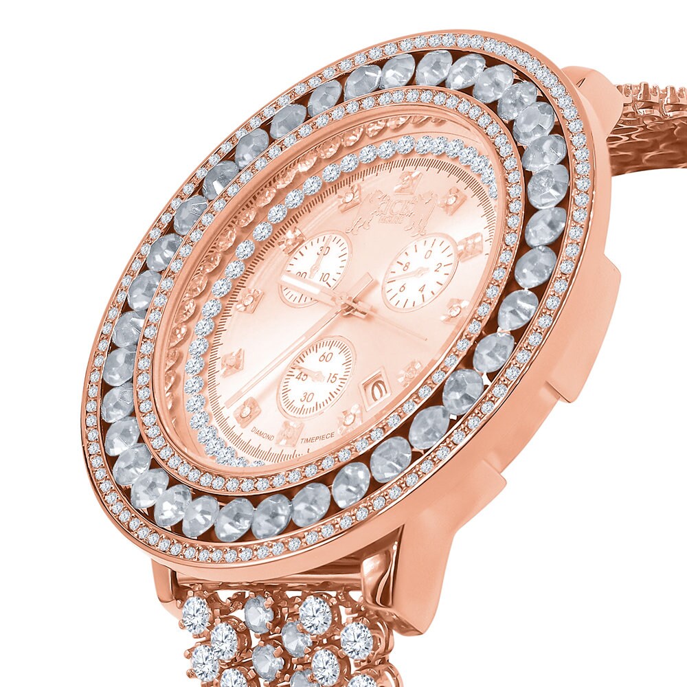 Big Bold Solitaire Real Diamond Dial Stainless Steel Back Mens Rose Gold Custom Watch W/Date Function