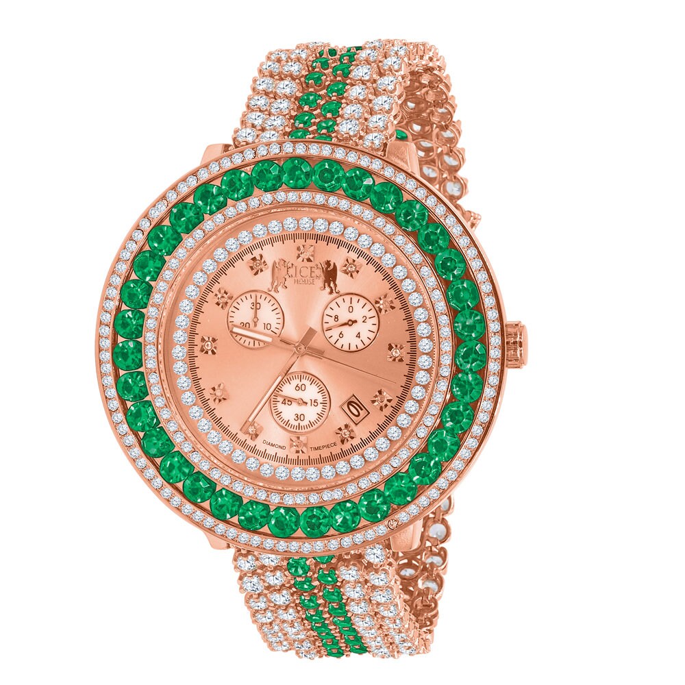 Green Solitaire Real Diamond Dial Stainless Steel Back 18K Rose Gold Finish Mens Watch W/Date Function