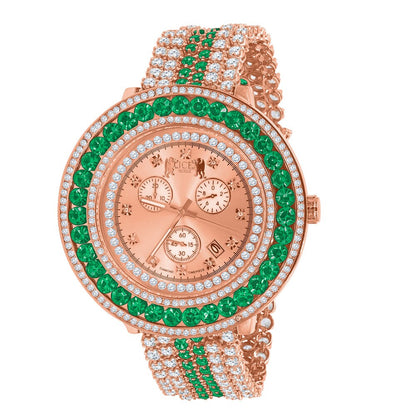 Green Solitaire Real Diamond Dial Stainless Steel Back 18K Rose Gold Finish Mens Watch W/Date Function