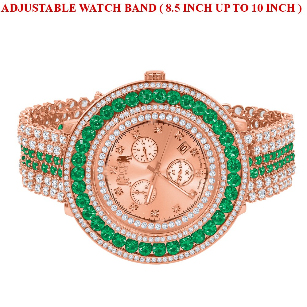 Green Solitaire Real Diamond Dial Stainless Steel Back 18K Rose Gold Finish Mens Watch W/Date Function