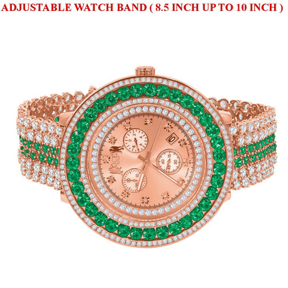 Green Solitaire Real Diamond Dial Stainless Steel Back 18K Rose Gold Finish Mens Watch W/Date Function