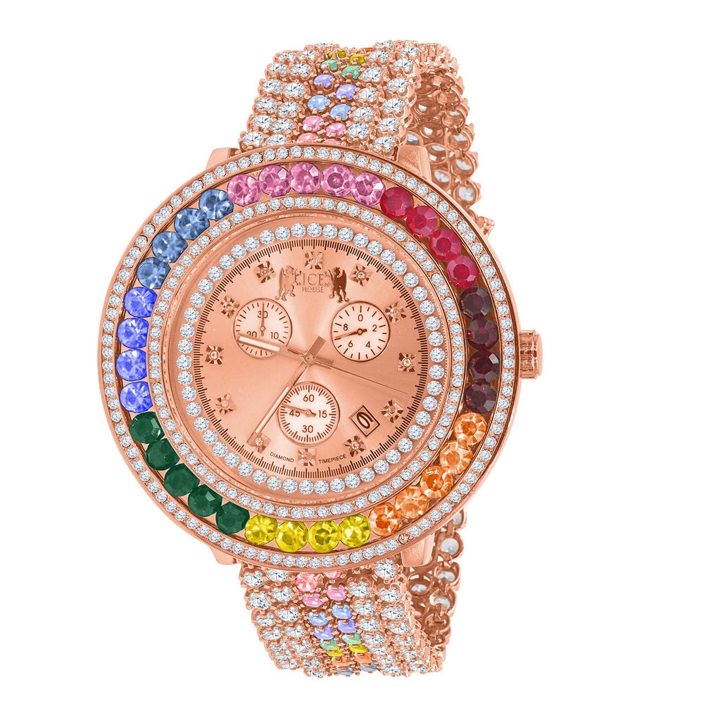 Mens Multi Rainbow Solitaire Real Diamond Dial Stainless Steel Back 18K Rose Gold Finish Watch W/Date