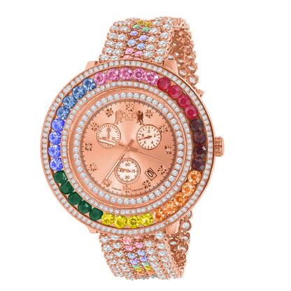 Mens Multi Rainbow Solitaire Real Diamond Dial Stainless Steel Back 18K Rose Gold Finish Watch W/Date