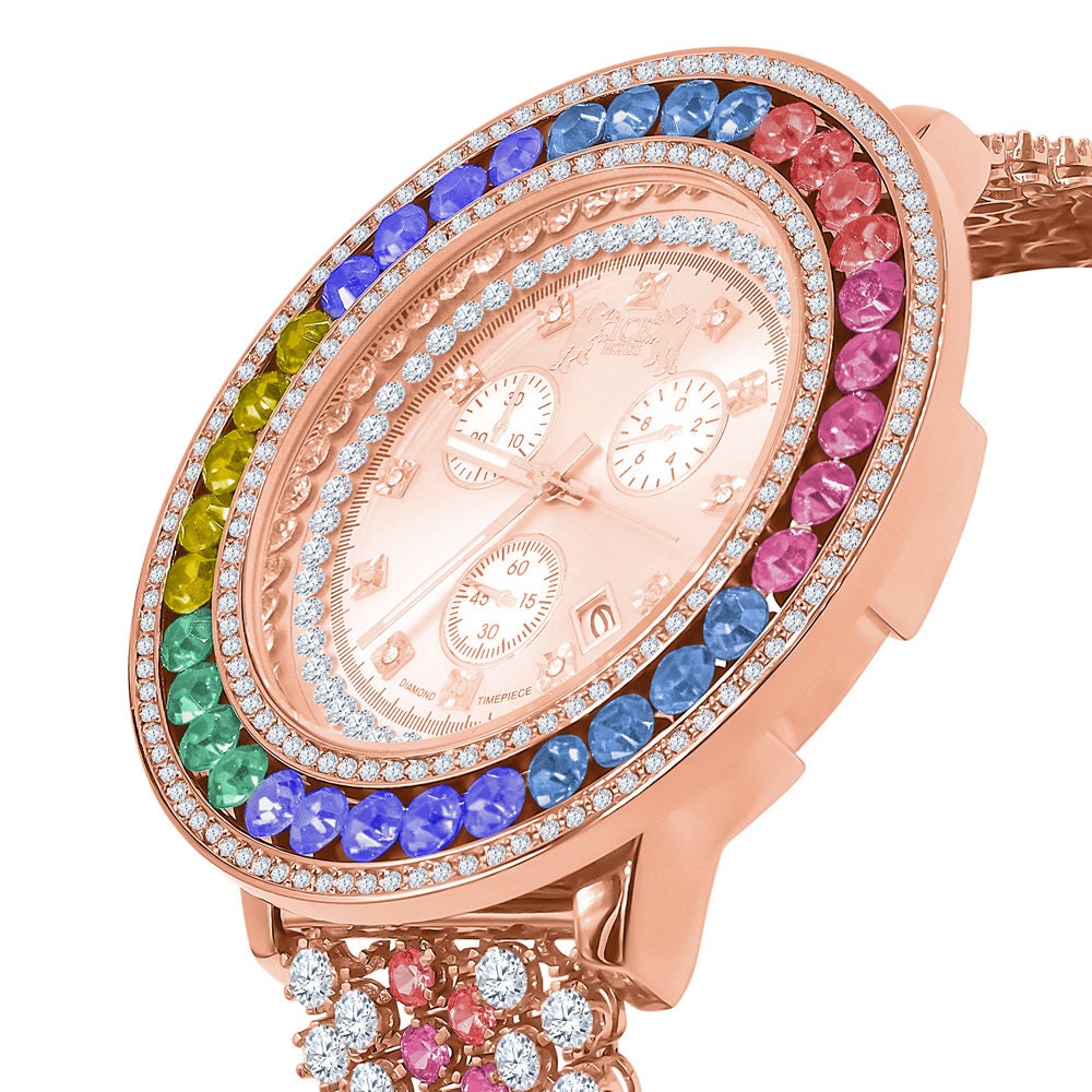 Mens Multi Rainbow Solitaire Real Diamond Dial Stainless Steel Back 18K Rose Gold Finish Watch W/Date
