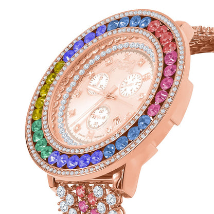 Mens Multi Rainbow Solitaire Real Diamond Dial Stainless Steel Back 18K Rose Gold Finish Watch W/Date