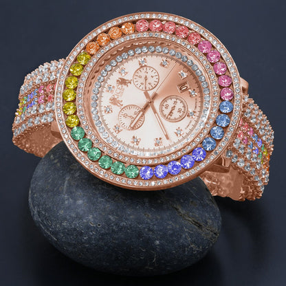Mens Multi Rainbow Solitaire Real Diamond Dial Stainless Steel Back 18K Rose Gold Finish Watch W/Date