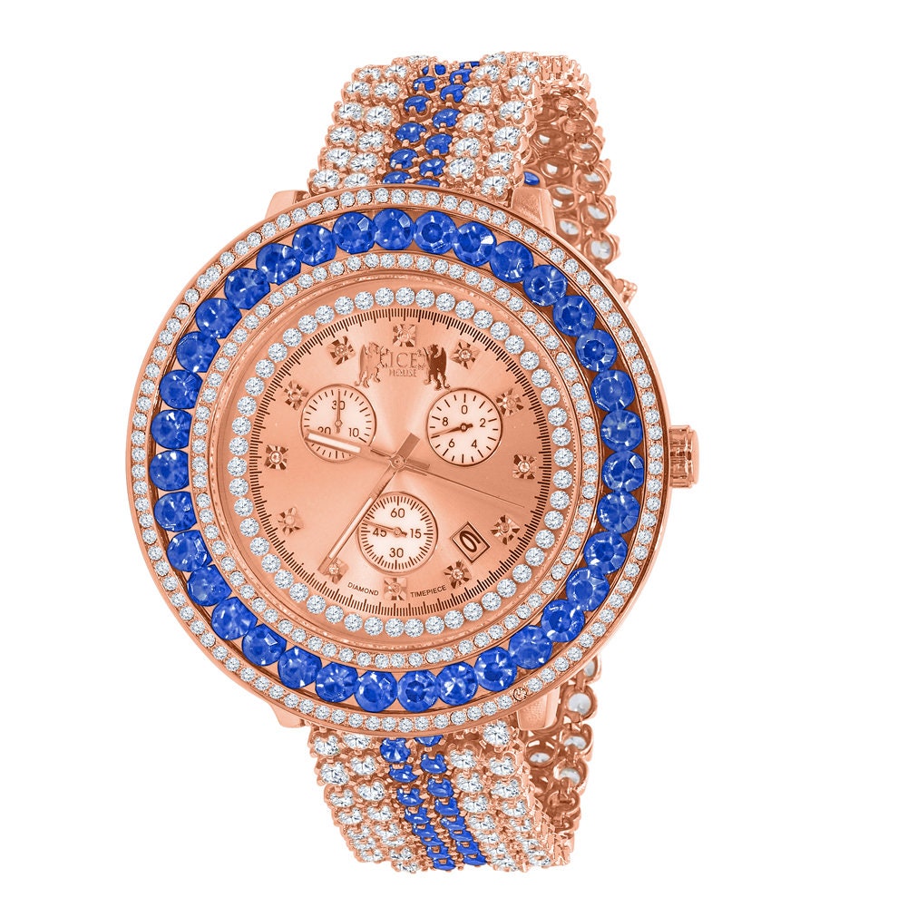 Mens Blue Solitaire Real Diamond Dial Stainless Steel Back 18K Rose Gold Finish Watch W/Date