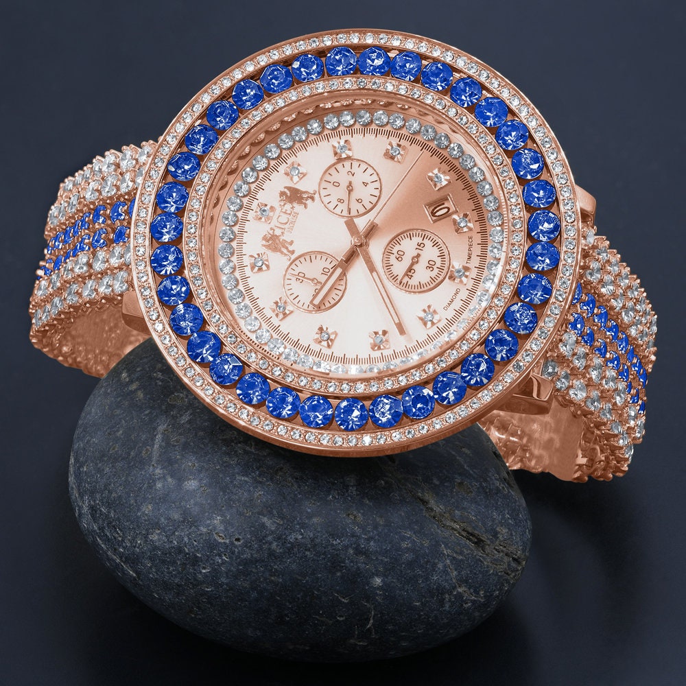 Mens Blue Solitaire Real Diamond Dial Stainless Steel Back 18K Rose Gold Finish Watch W/Date