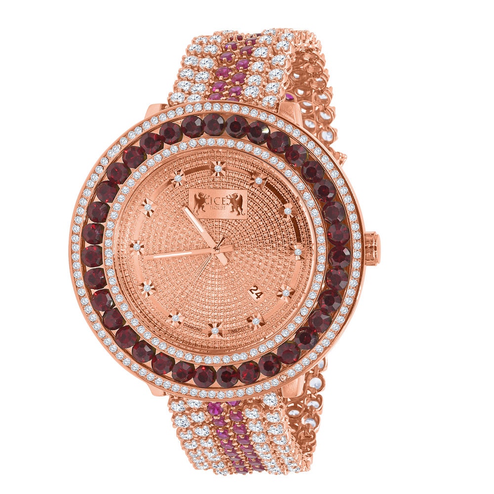 Genuine Real Diamond Dial Rose Gold Ruby Red Solitaire Bezel Iced Out Custom Band Mens Watch W/Date