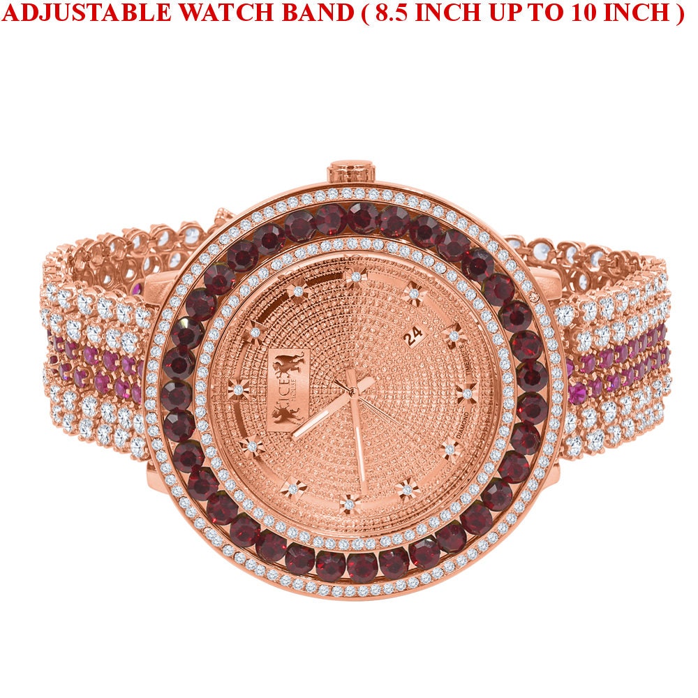 Genuine Real Diamond Dial Rose Gold Ruby Red Solitaire Bezel Iced Out Custom Band Mens Watch W/Date
