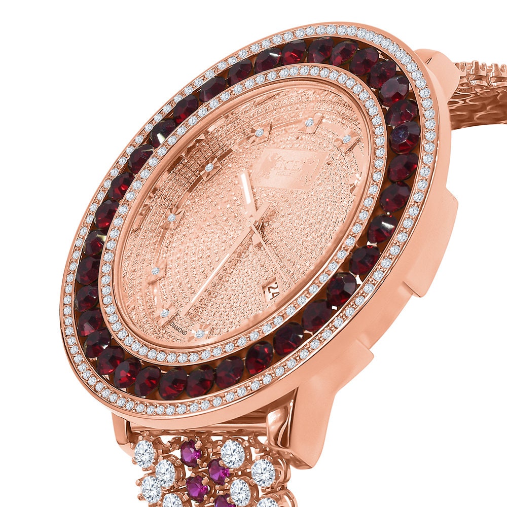Genuine Real Diamond Dial Rose Gold Ruby Red Solitaire Bezel Iced Out Custom Band Mens Watch W/Date