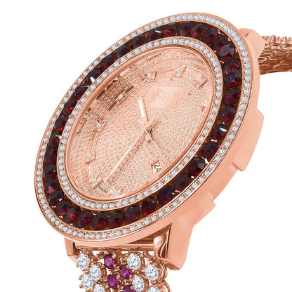 Genuine Real Diamond Dial Rose Gold Ruby Red Solitaire Bezel Iced Out Custom Band Mens Watch W/Date
