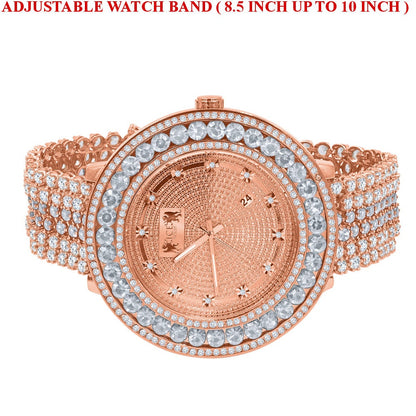 Mens Genuine Real Diamond Dial Rose Gold Finish Solitaire Bezel Iced Out Custom Band Watch W/Date