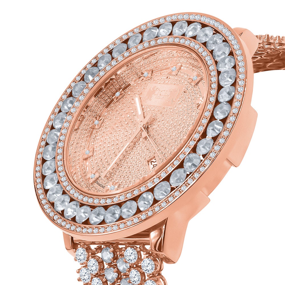 Mens Genuine Real Diamond Dial Rose Gold Finish Solitaire Bezel Iced Out Custom Band Watch W/Date