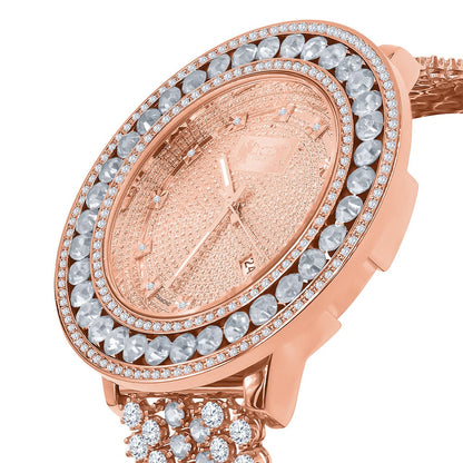 Mens Genuine Real Diamond Dial Rose Gold Finish Solitaire Bezel Iced Out Custom Band Watch W/Date