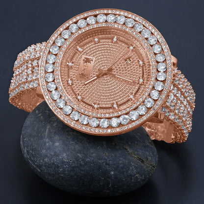 Mens Genuine Real Diamond Dial Rose Gold Finish Solitaire Bezel Iced Out Custom Band Watch W/Date