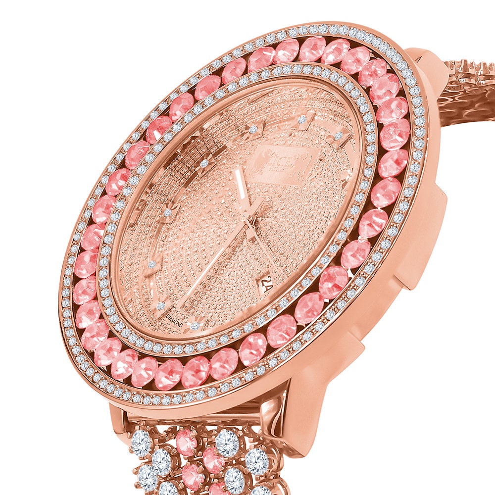 Mens Genuine Real Diamond Dial Rose Gold Finish Pink Solitaire Bezel Iced Out Custom Band Watch W/Date