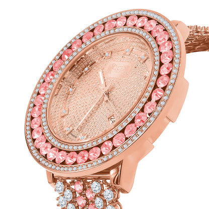 Mens Genuine Real Diamond Dial Rose Gold Finish Pink Solitaire Bezel Iced Out Custom Band Watch W/Date