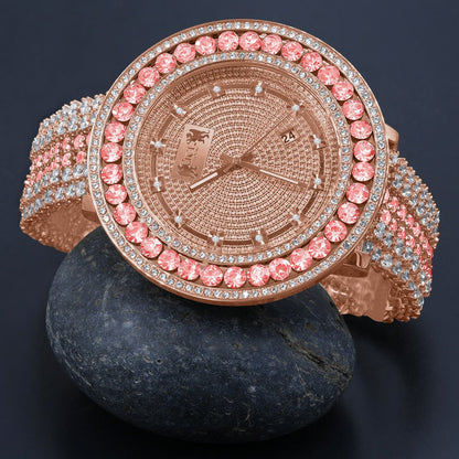 Mens Genuine Real Diamond Dial Rose Gold Finish Pink Solitaire Bezel Iced Out Custom Band Watch W/Date