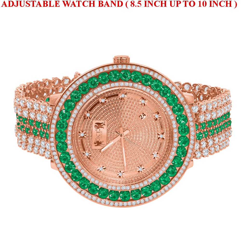 Green Solitaire Bezel Genuine Real Diamond Dial Rose Gold Finish Iced Out Custom Band Watch W/Date