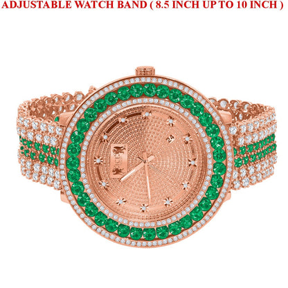 Green Solitaire Bezel Genuine Real Diamond Dial Rose Gold Finish Iced Out Custom Band Watch W/Date