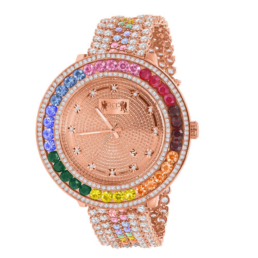 Rainbow Solitaire Multi Tone Bezel Genuine Real Diamond Dial Rose Gold Finish Iced Out Custom Band Watch W/Date