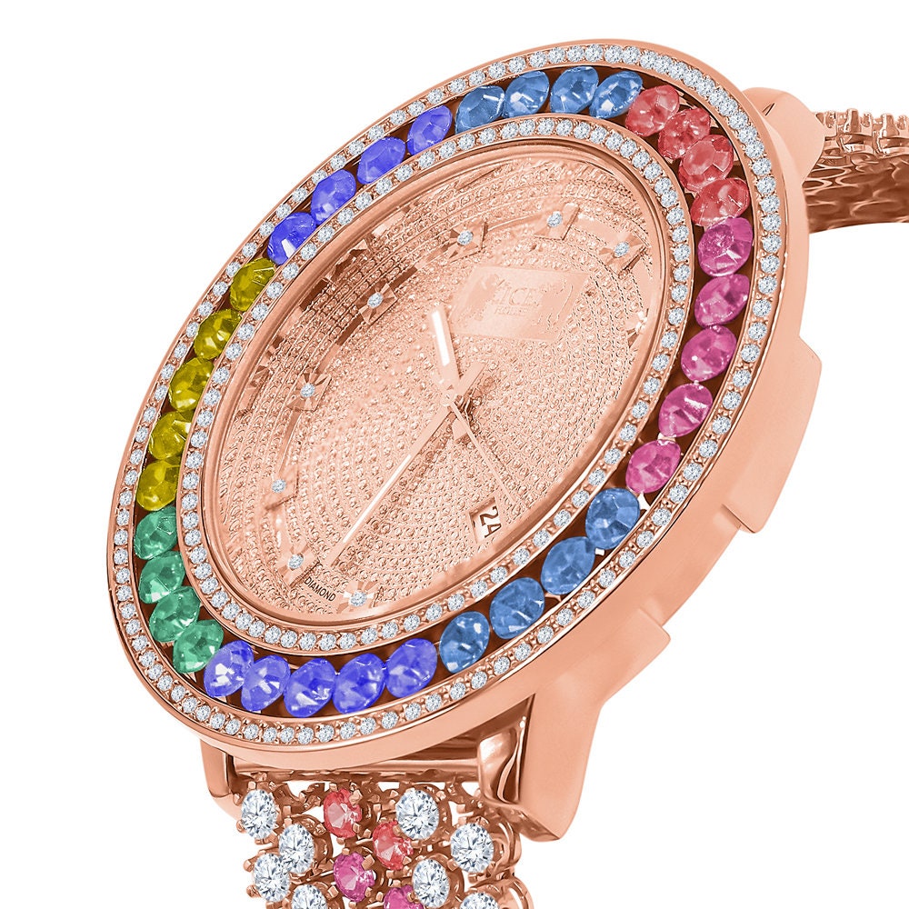 Rainbow Solitaire Multi Tone Bezel Genuine Real Diamond Dial Rose Gold Finish Iced Out Custom Band Watch W/Date