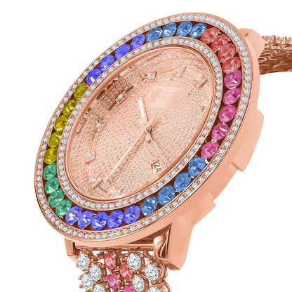Rainbow Solitaire Multi Tone Bezel Genuine Real Diamond Dial Rose Gold Finish Iced Out Custom Band Watch W/Date