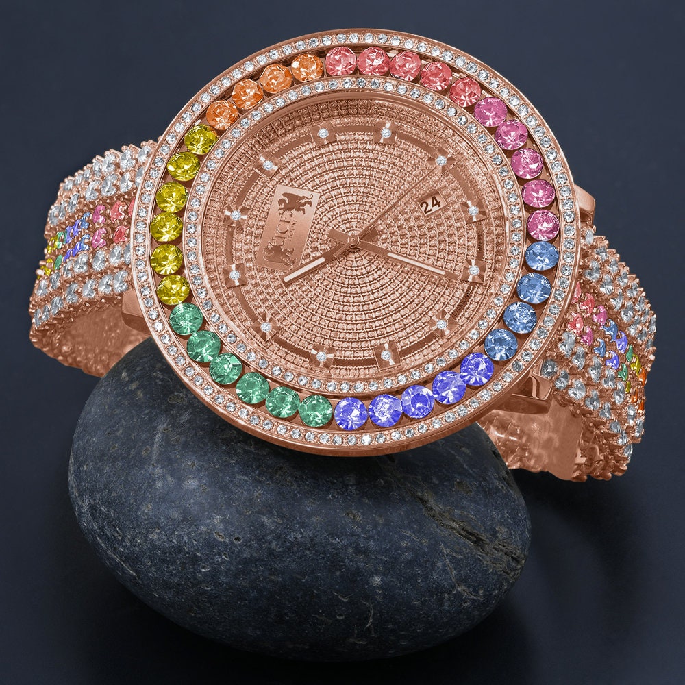 Rainbow Solitaire Multi Tone Bezel Genuine Real Diamond Dial Rose Gold Finish Iced Out Custom Band Watch W/Date