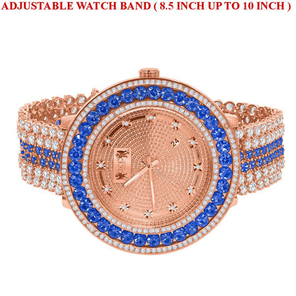Mens Blue Solitaire Tone Bezel Genuine Real Diamond Dial Rose Gold Finish Iced Out Custom Band Watch W/Date