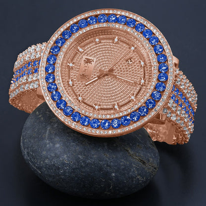 Mens Blue Solitaire Tone Bezel Genuine Real Diamond Dial Rose Gold Finish Iced Out Custom Band Watch W/Date