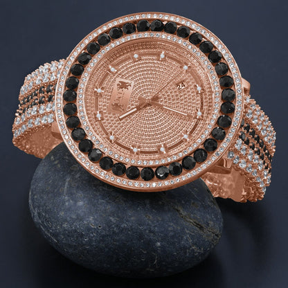 Iced Out Custom Band Watch W/Date Onyx Black Solitaire Tone Bezel Genuine Real Diamond Dial Rose Gold Finish