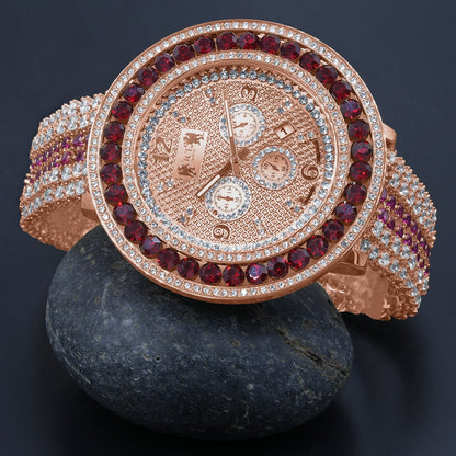 Real Diamond Dial 18K Rose Gold Finish Mens Classy Stainless Steel Back Full Iced Out Custom Watch W/Date