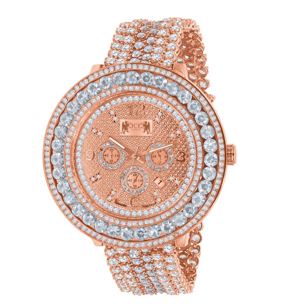 Mens Watch 60 mm XL Genuine Diamond Dial Solitaire Rose Gold Adjustable Custom Watch W/Date Function