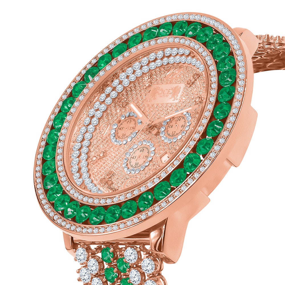 Green Solitaire Watch 60 mm XL Genuine Diamond Dial Rose Gold Adjustable Custom Watch W/Date Function