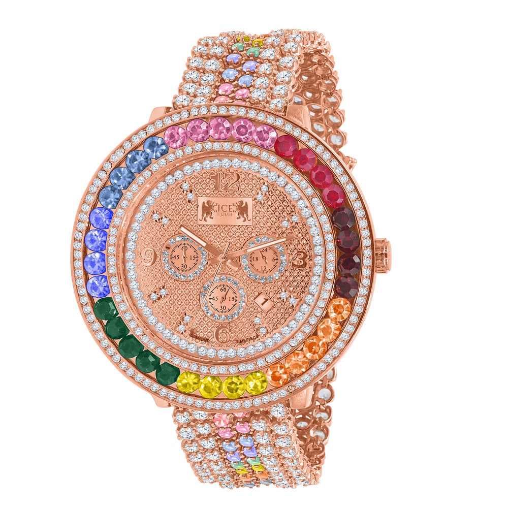 Rainbow Solitaire Watch 60 mm XL Genuine Diamond Dial Rose Gold Multi Tone Custom Adjustable Watch W/Date Function