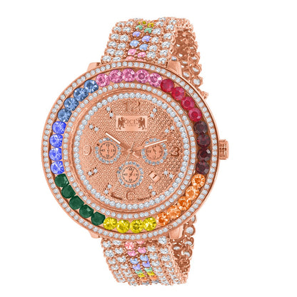 Rainbow Solitaire Watch 60 mm XL Genuine Diamond Dial Rose Gold Multi Tone Custom Adjustable Watch W/Date Function