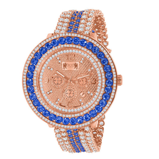 XL Big 60 mm Genuine Diamond Dial Rose Gold Blue Solitaire  Custom Adjustable Size Watch W/Date Function