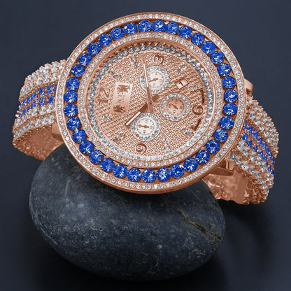 XL Big 60 mm Genuine Diamond Dial Rose Gold Blue Solitaire  Custom Adjustable Size Watch W/Date Function