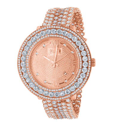 Genuine Diamond Dial Roman Face 18K Rose Gold Finish Solitaire Bezel Custom Band Watch W/Date Function