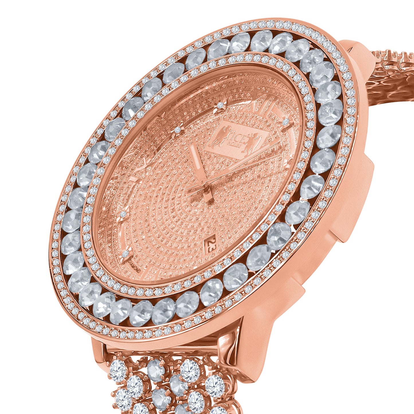 Genuine Diamond Dial Roman Face 18K Rose Gold Finish Solitaire Bezel Custom Band Watch W/Date Function