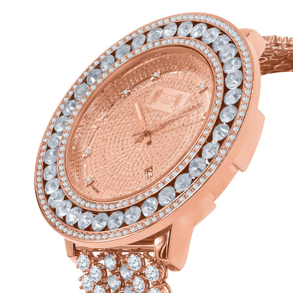 Genuine Diamond Dial Roman Face 18K Rose Gold Finish Solitaire Bezel Custom Band Watch W/Date Function