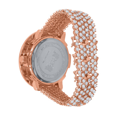 Genuine Diamond Dial Roman Face 18K Rose Gold Finish Solitaire Bezel Custom Band Watch W/Date Function