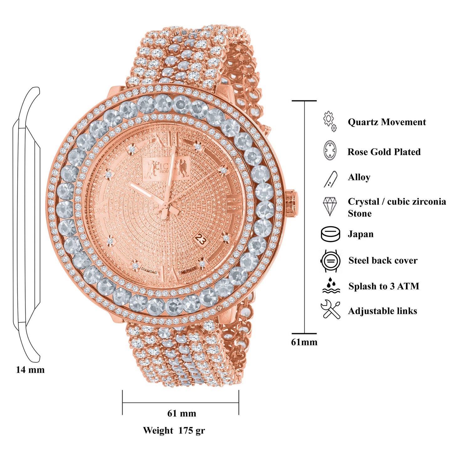 Genuine Diamond Dial Roman Face 18K Rose Gold Finish Solitaire Bezel Custom Band Watch W/Date Function