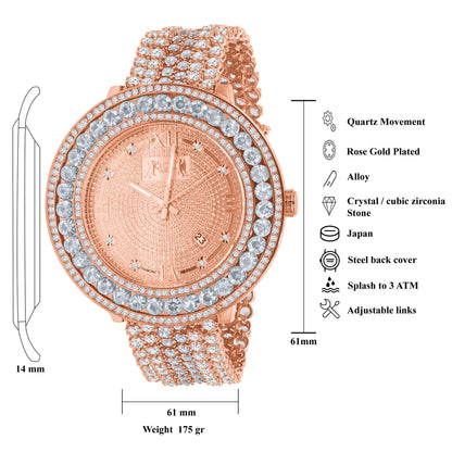 Genuine Diamond Dial Roman Face 18K Rose Gold Finish Solitaire Bezel Custom Band Watch W/Date Function