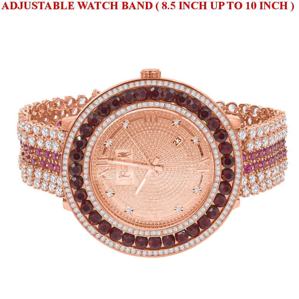 Mens Genuine Diamond Dial Roman Face 18K Rose Gold Ruby Red Solitaire Bezel Custom Band Watch W/Date Function