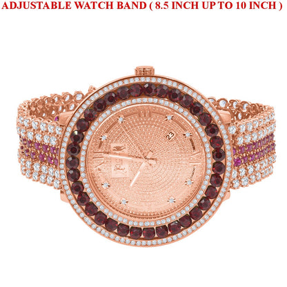 Mens Genuine Diamond Dial Roman Face 18K Rose Gold Ruby Red Solitaire Bezel Custom Band Watch W/Date Function