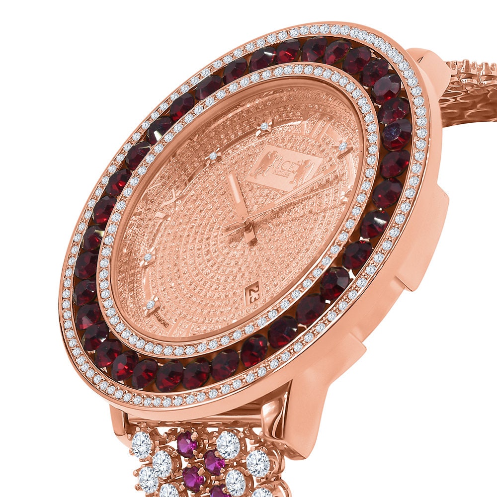 Mens Genuine Diamond Dial Roman Face 18K Rose Gold Ruby Red Solitaire Bezel Custom Band Watch W/Date Function